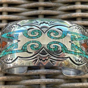 Vintage Silver Turquoise & Coral Inlay Cuff by Alfred Joe Navajo Tribe
